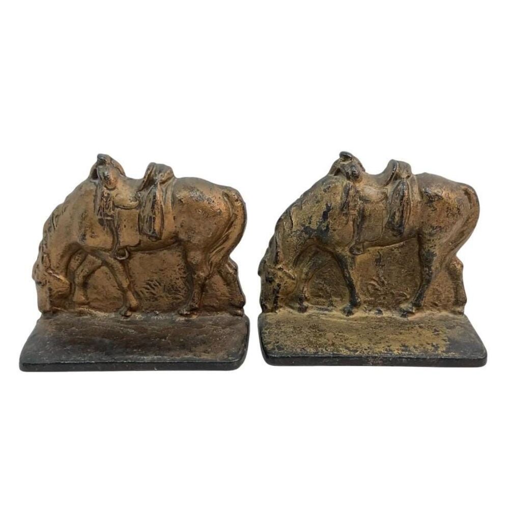 Horse Bookends Grazing Horses Cast Iron w Gold Antique Set of 2